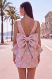 Floral Bodycon Boat Neck Blue Homecoming Dress With Bow