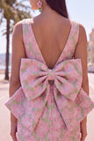 Floral Bodycon Boat Neck Blue Homecoming Dress With Bow