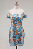 Off The Shoulder Floral Sequins Bodycon Blue Homecoming Dress