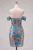 Off The Shoulder Floral Sequins Bodycon Blue Homecoming Dress