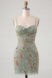 Sage Green Beaded Bodycon Spaghetti Straps Homecoming Dress