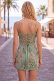Sage Green Beaded Bodycon Spaghetti Straps Homecoming Dress