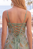 Sage Green Beaded Bodycon Spaghetti Straps Homecoming Dress