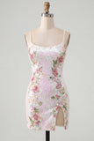 White Sequins Bodycon Floral Spaghetti Straps Homecoming Dress