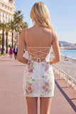 White Sequins Bodycon Floral Spaghetti Straps Homecoming Dress
