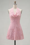 Halter Floral A Line Yellow Homecoming Dress
