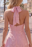 Halter Floral A Line Yellow Homecoming Dress