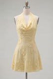 Halter Floral A Line Yellow Homecoming Dress