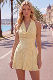 Halter Floral A Line Yellow Homecoming Dress
