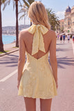 Halter Floral A Line Yellow Homecoming Dress