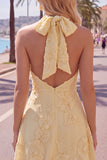 Halter Floral A Line Yellow Homecoming Dress