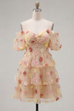 A Line Yellow Cold Shoulder Homecoming Dress With 3D Flowers