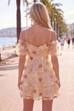 A Line Yellow Cold Shoulder Homecoming Dress With 3D Flowers
