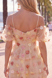A Line Yellow Cold Shoulder Homecoming Dress With 3D Flowers