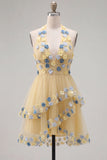 Halter Yellow A Line Homecoming Dress With 3D Flowers