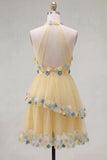 Halter Yellow A Line Homecoming Dress With 3D Flowers