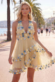 Halter Yellow A Line Homecoming Dress With 3D Flowers