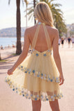 Halter Yellow A Line Homecoming Dress With 3D Flowers