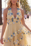 Halter Yellow A Line Homecoming Dress With 3D Flowers