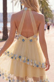 Halter Yellow A Line Homecoming Dress With 3D Flowers