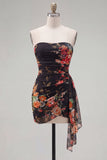 Strapless Bodycon Floral Black Homecoming Dress