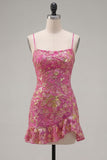 Pink Bodycon Sequins Floral Spaghetti Straps Homecoming Dress