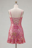 Pink Bodycon Sequins Floral Spaghetti Straps Homecoming Dress