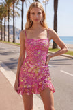 Pink Bodycon Sequins Floral Spaghetti Straps Homecoming Dress