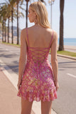 Pink Bodycon Sequins Floral Spaghetti Straps Homecoming Dress