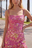Pink Bodycon Sequins Floral Spaghetti Straps Homecoming Dress