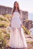 Square Neck Lace White A Line Maxi Engagement Dress With Long Sleeves