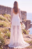 Square Neck Lace White A Line Maxi Engagement Dress With Long Sleeves