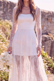 Square Neck Lace White A Line Maxi Engagement Dress With Long Sleeves