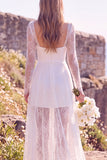 Square Neck Lace White A Line Maxi Engagement Dress With Long Sleeves