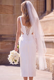 Square Neck Sheath White Midi Engagement Dress With 3D Flowers