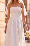 Strapless A Line Jacquard White Midi Engagement Dress