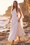 A Line Round Neck Beaded White Maxi Engagement Dress With 3D Flowers