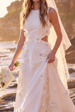A Line Round Neck Beaded White Maxi Engagement Dress With 3D Flowers