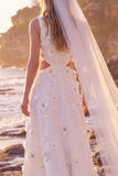 A Line Round Neck Beaded White Maxi Engagement Dress With 3D Flowers