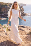 White Sheath Round Neck White Maxi Engagement Dress With 3D Flowers