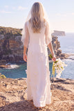 White Sheath Round Neck White Maxi Engagement Dress With 3D Flowers