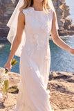 White Sheath Round Neck White Maxi Engagement Dress With 3D Flowers