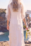 White Sheath Round Neck White Maxi Engagement Dress With 3D Flowers