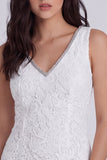 V-Neck Lace Bodycon Little White Dress With Beading
