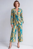 Yellow and Blue Notched Lapel 2-piece Women Suits