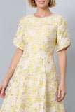 A Line Light Yellow Floral Work Dress With Half Sleeves