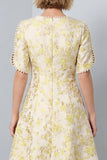 A Line Light Yellow Floral Work Dress With Half Sleeves
