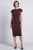 Brown Bodycon Cap Sleeve Work Dress With Slit