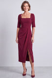 Sky Blue Sheath Square Neck Work Dress With Slit