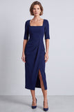 Sky Blue Sheath Square Neck Work Dress With Slit